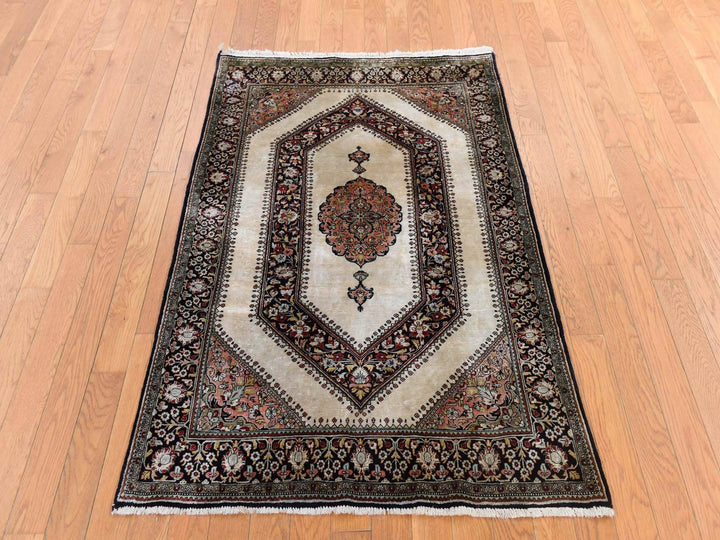 3'3" x 5'0" Vintage Hand Knotted Ivory Silk Rectangle Oriental Rug - MOA10278719