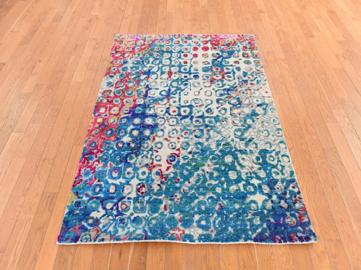 4'0" x 6'0" New Hand Knotted Blue Sari Silk Rectangle Oriental Rug - MOA10278723