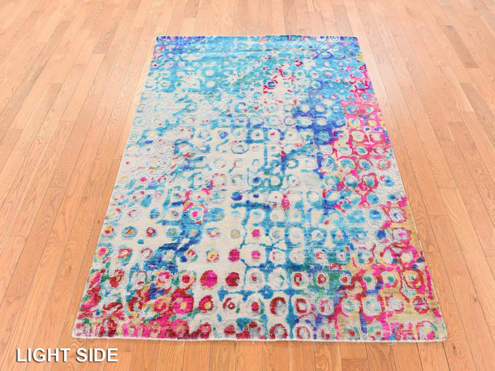 4'0" x 6'0" New Hand Knotted Blue Sari Silk Rectangle Oriental Rug - MOA10278723