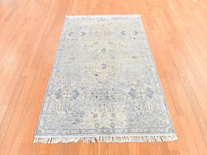 4'0" x 6'0" New Hand Knotted Ivory Wool & Silk Rectangle Oriental Rug - MOA10278731