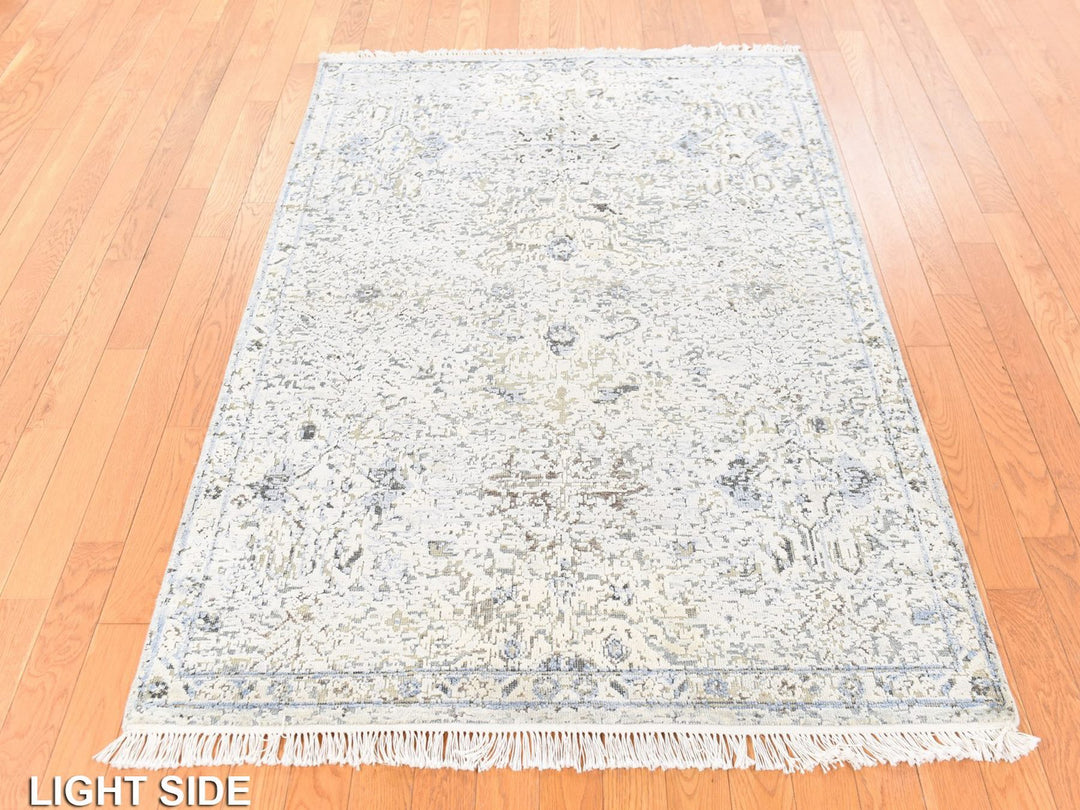 4'0" x 6'0" New Hand Knotted Ivory Wool & Silk Rectangle Oriental Rug - MOA10278731