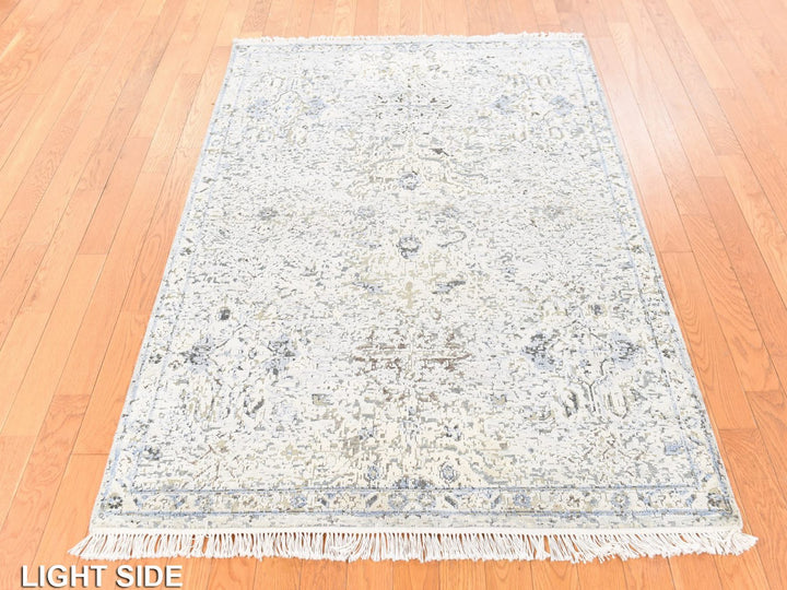 4'0" x 6'0" New Hand Knotted Ivory Wool & Silk Rectangle Oriental Rug - MOA10278731
