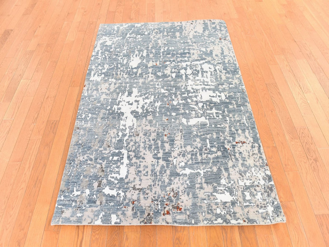 4'0" x 6'0" New Hand Knotted Grey Wool & Silk Rectangle Oriental Rug - MOA10278732