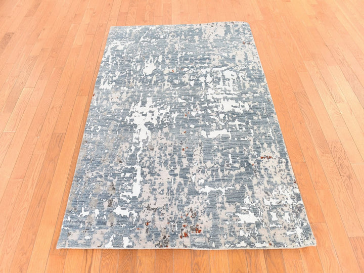 4'0" x 6'0" New Hand Knotted Grey Wool & Silk Rectangle Oriental Rug - MOA10278732