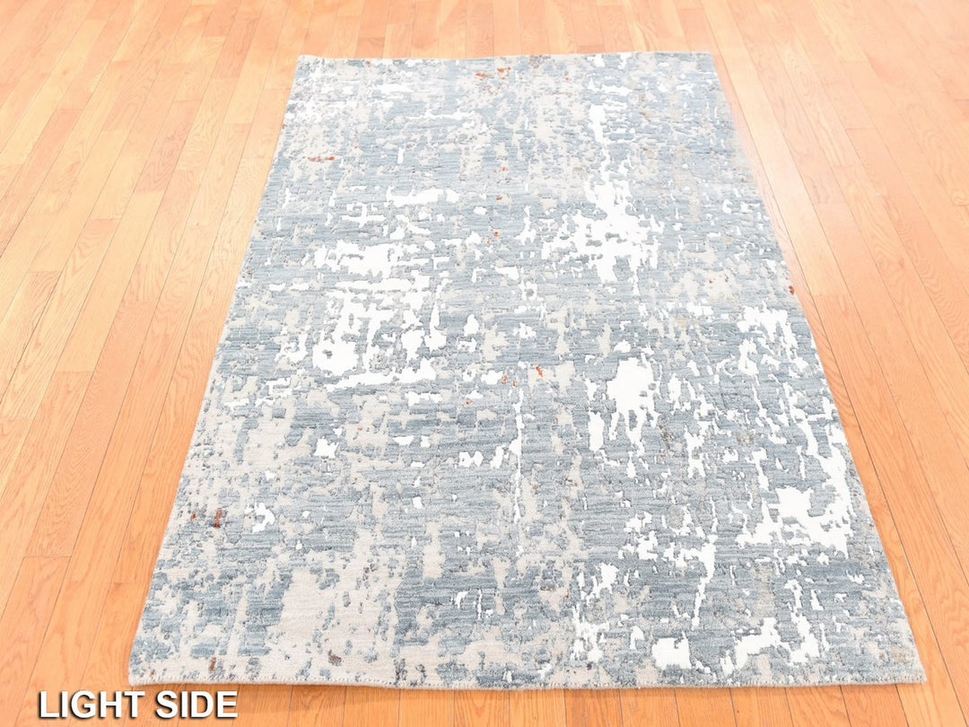 4'0" x 6'0" New Hand Knotted Grey Wool & Silk Rectangle Oriental Rug - MOA10278732