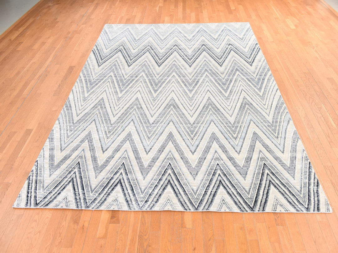 8'9" x 12'2" New Hand Knotted Grey Wool & Silk Rectangle Oriental Rug - MOA10278736