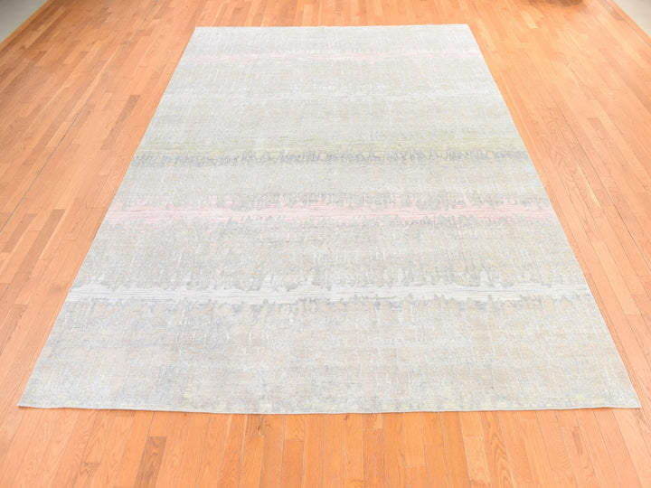 9'0" x 12'5" New Hand Knotted Grey Wool & Silk Rectangle Oriental Rug - MOA10278738