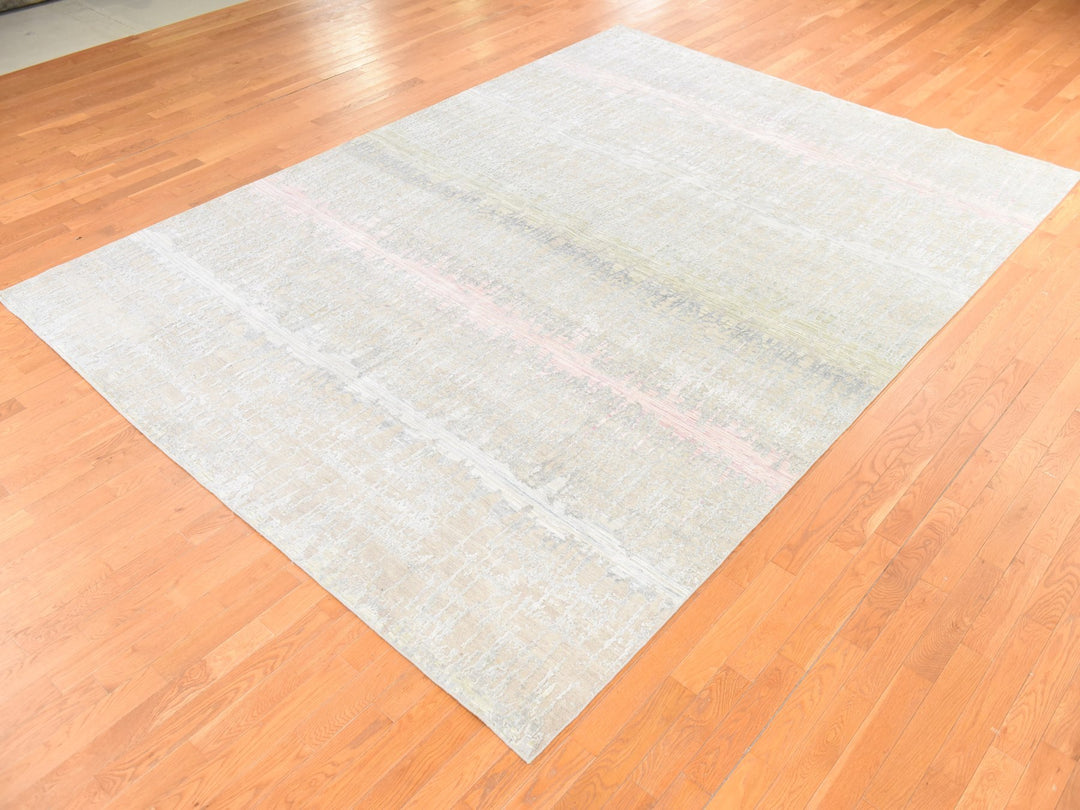 9'0" x 12'5" New Hand Knotted Grey Wool & Silk Rectangle Oriental Rug - MOA10278738