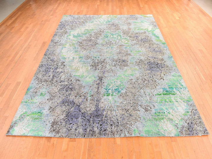 9'0" x 12'6" New Hand Knotted Green Wool & Silk Rectangle Oriental Rug - MOA10278740