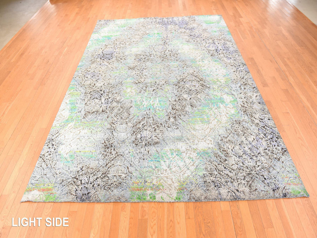 9'0" x 12'6" New Hand Knotted Green Wool & Silk Rectangle Oriental Rug - MOA10278740