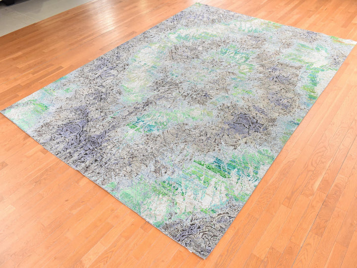9'0" x 12'6" New Hand Knotted Green Wool & Silk Rectangle Oriental Rug - MOA10278740
