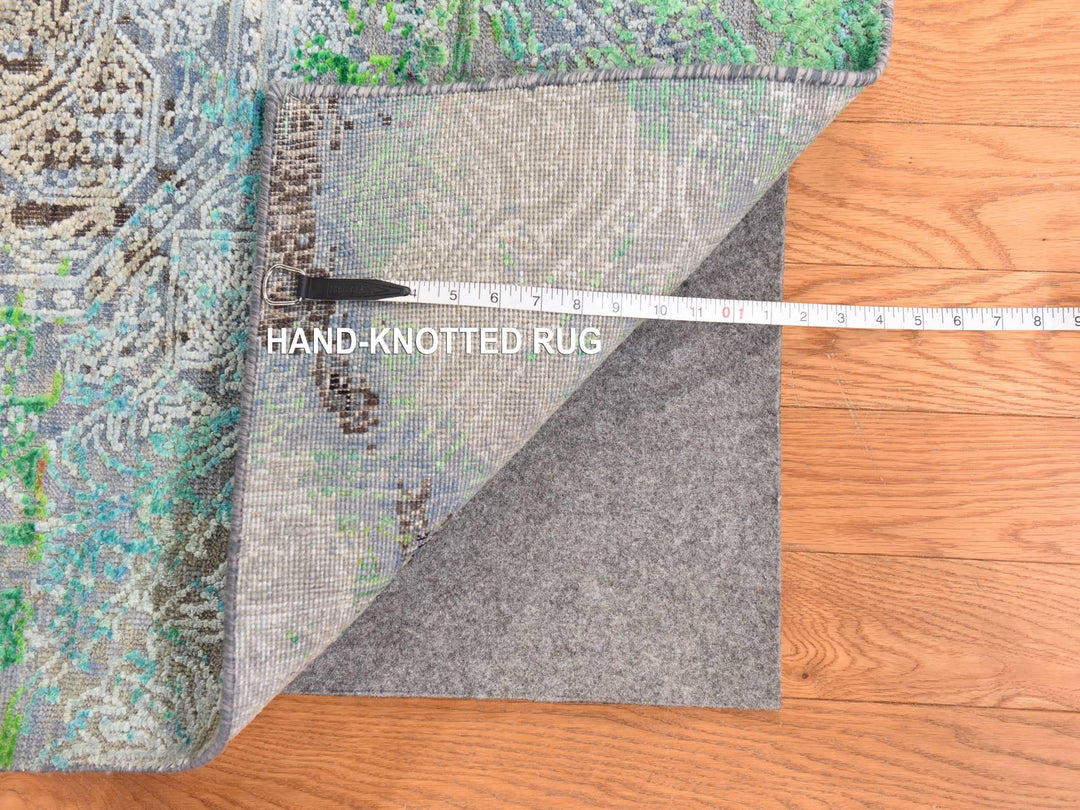 9'0" x 12'6" New Hand Knotted Green Wool & Silk Rectangle Oriental Rug - MOA10278740