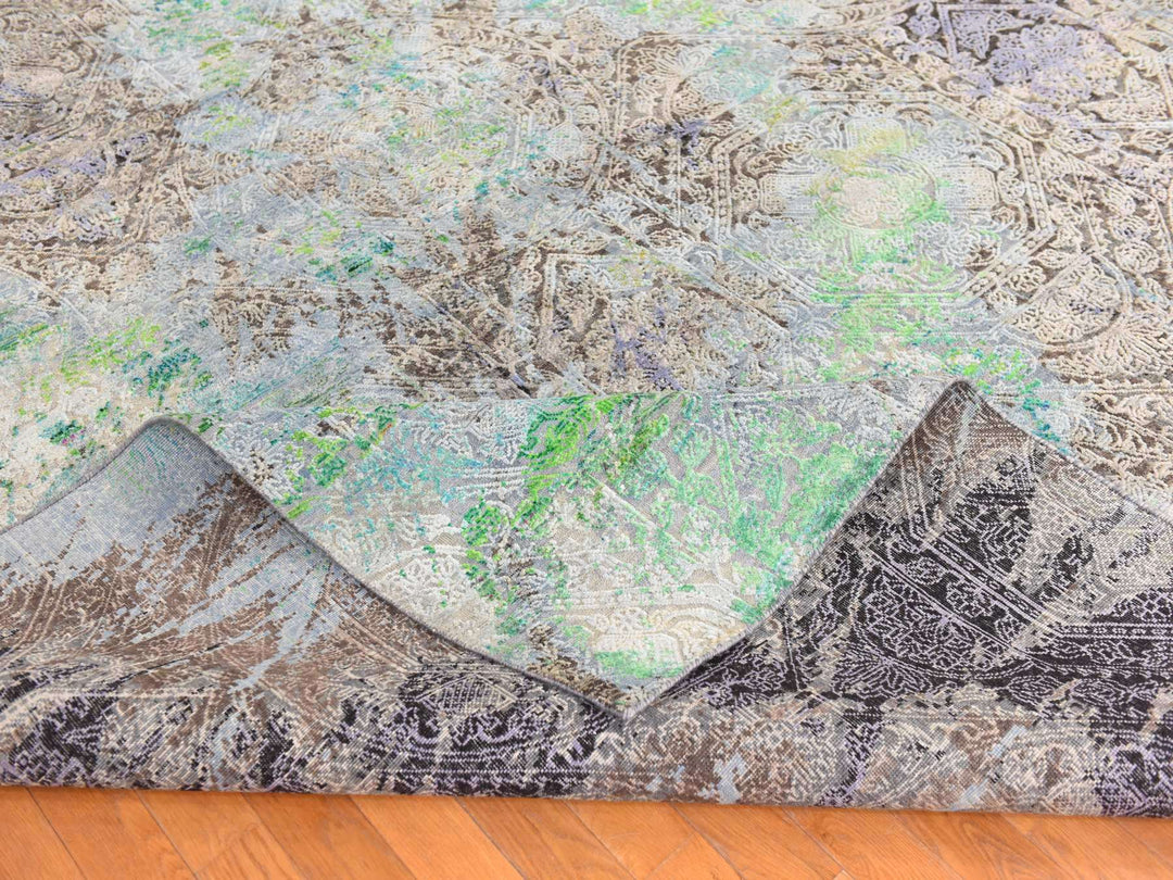 9'0" x 12'6" New Hand Knotted Green Wool & Silk Rectangle Oriental Rug - MOA10278740