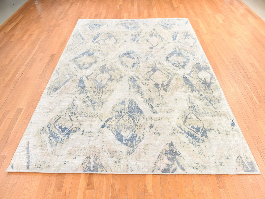 8'10" x 12'1" New Hand Knotted Ivory Wool & Silk Rectangle Oriental Rug - MOA10278742