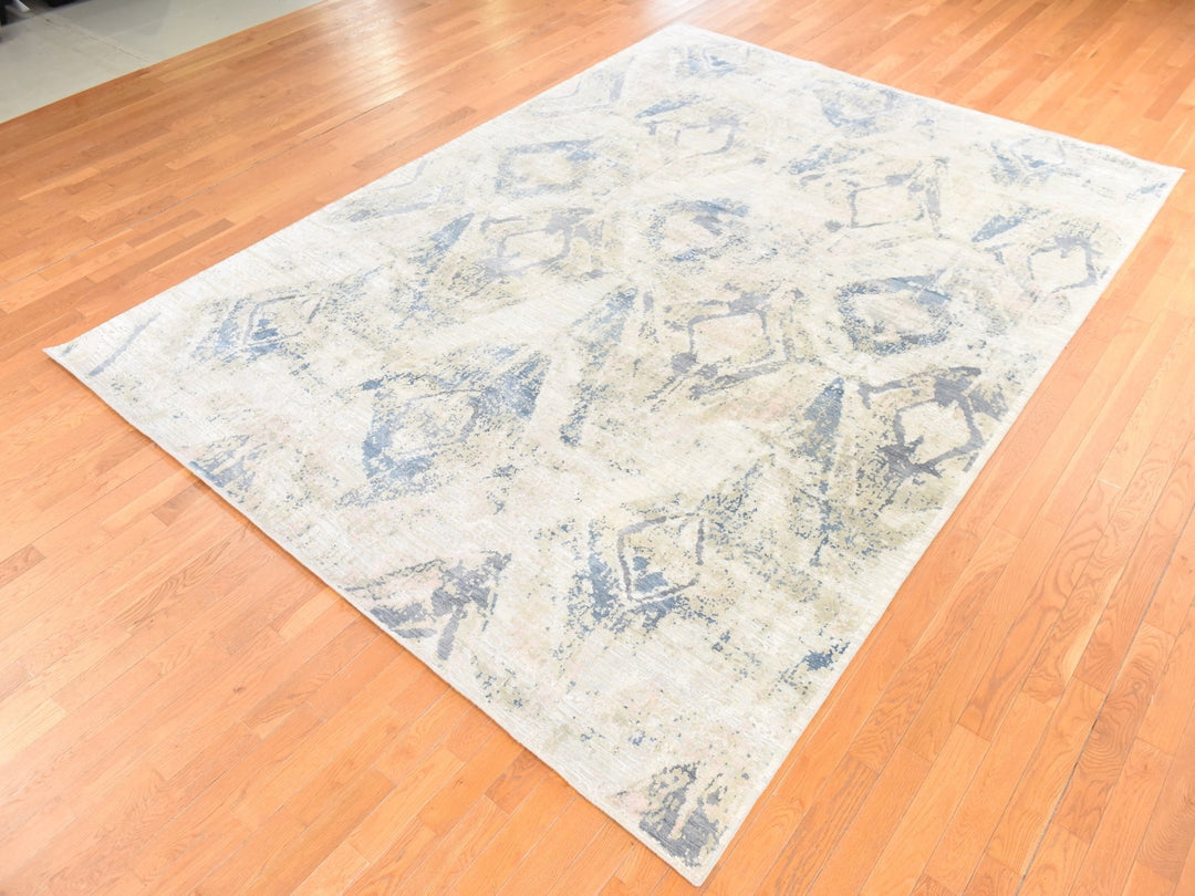 8'10" x 12'1" New Hand Knotted Ivory Wool & Silk Rectangle Oriental Rug - MOA10278742