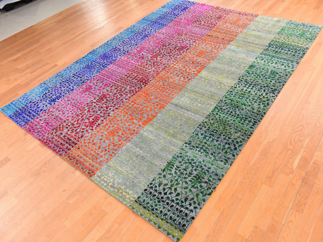 9'0" x 12'1" New Hand Knotted Multicolored Sari Silk Rectangle Oriental Rug - MOA10278744