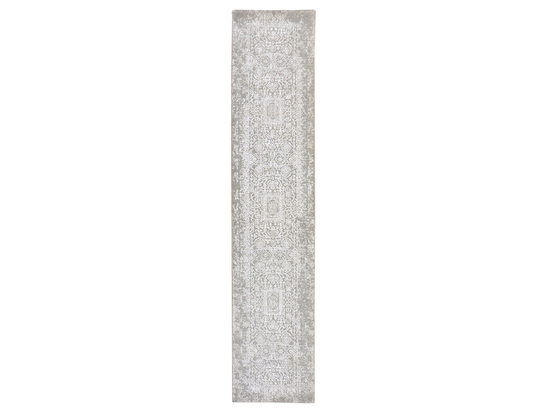 2'5" x 12'2" New Hand Loomed Grey Wool & Silk Runner Oriental Rug - MOA10278745