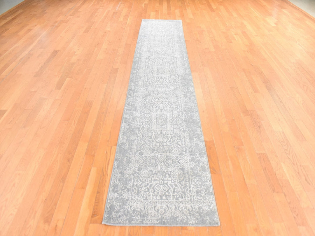 2'5" x 12'2" New Hand Loomed Grey Wool & Silk Runner Oriental Rug - MOA10278745