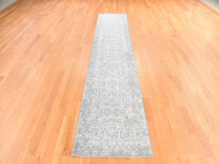 2'5" x 12'2" New Hand Loomed Grey Wool & Silk Runner Oriental Rug - MOA10278745