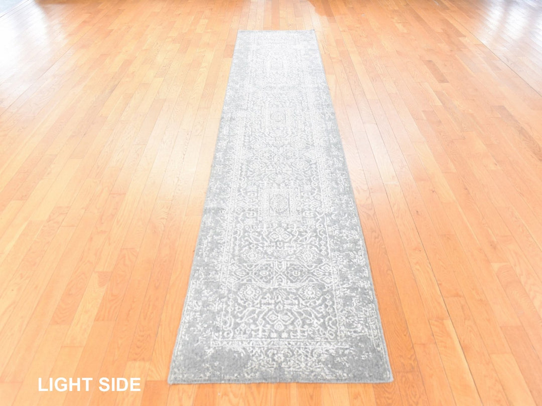 2'5" x 12'2" New Hand Loomed Grey Wool & Silk Runner Oriental Rug - MOA10278745