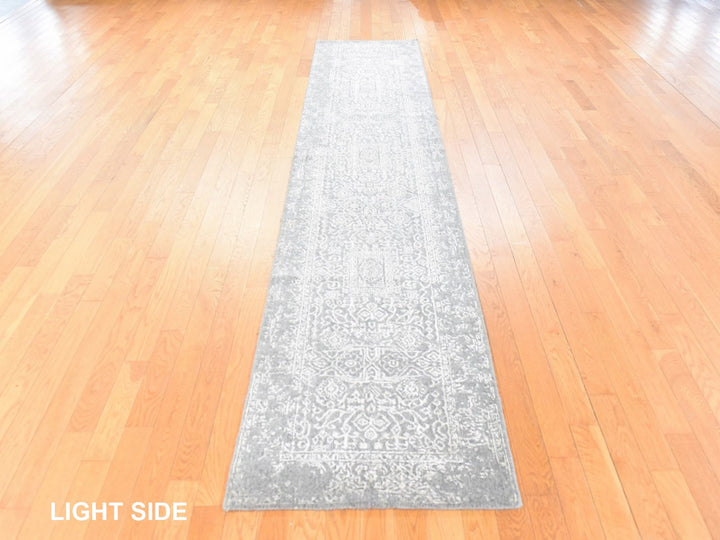 2'5" x 12'2" New Hand Loomed Grey Wool & Silk Runner Oriental Rug - MOA10278745