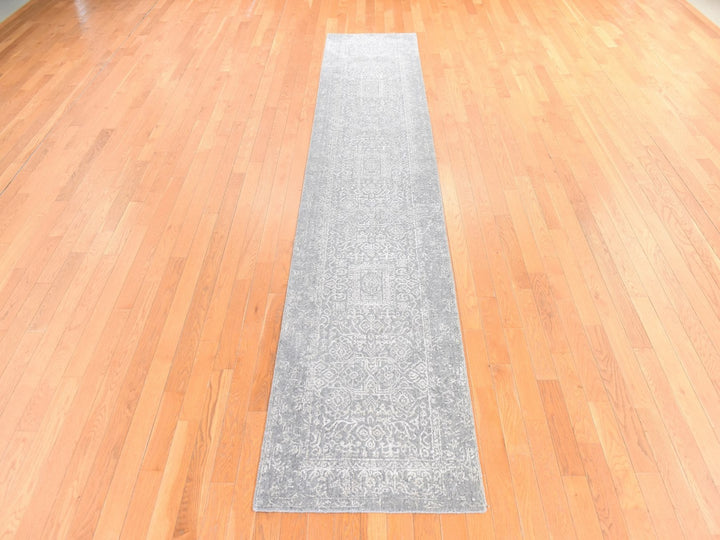 2'5" x 12'1" New Hand Loomed Grey Wool & Silk Runner Oriental Rug - MOA10278746