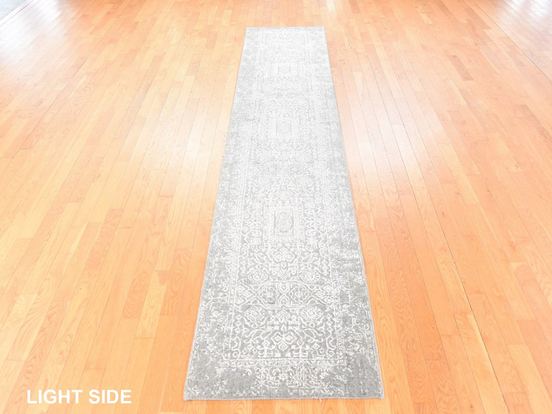 2'5" x 12'1" New Hand Loomed Grey Wool & Silk Runner Oriental Rug - MOA10278746