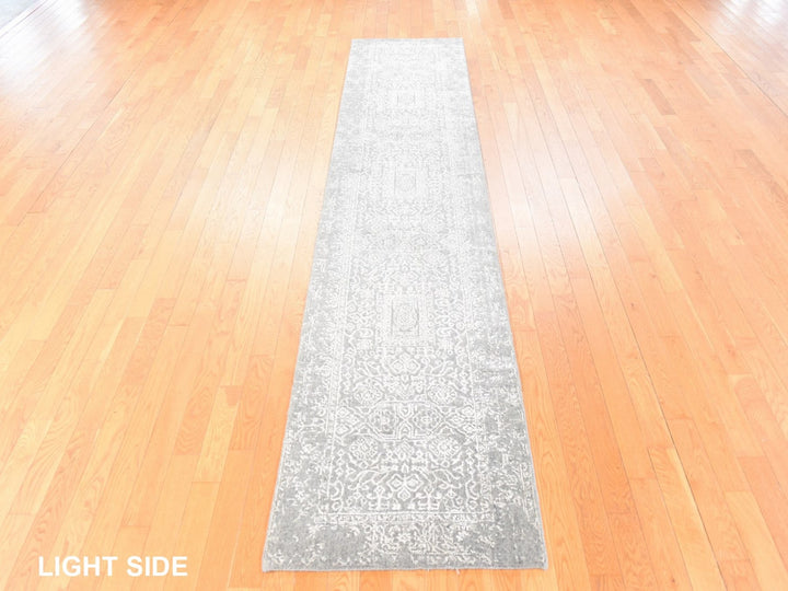 2'5" x 12'1" New Hand Loomed Grey Wool & Silk Runner Oriental Rug - MOA10278746