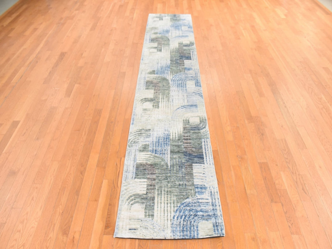 2'7" x 12'0" New Hand Knotted Ivory Wool & Silk Runner Oriental Rug - MOA10278747