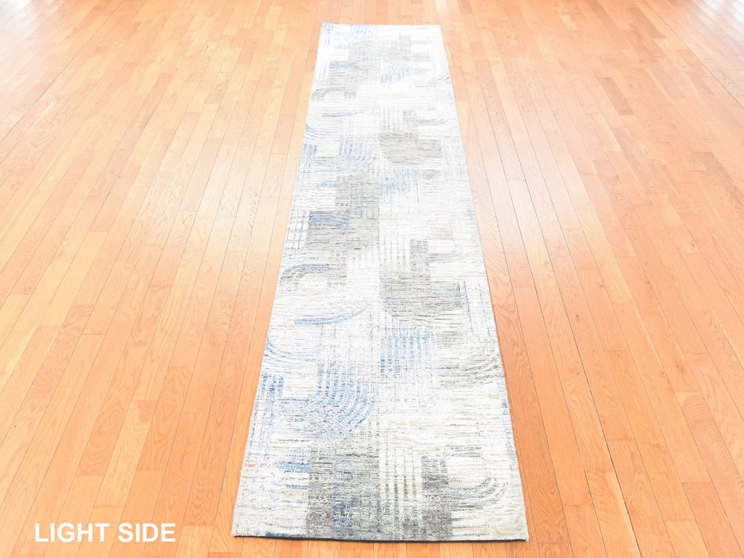 2'7" x 12'0" New Hand Knotted Ivory Wool & Silk Runner Oriental Rug - MOA10278747
