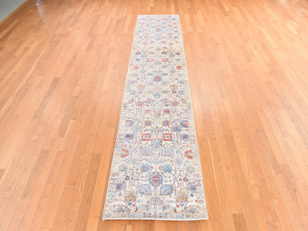 2'7" x 12'0" New Hand Knotted Ivory Wool & Silk Runner Oriental Rug - MOA10278748