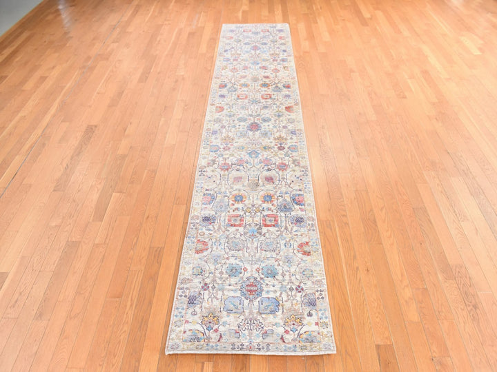 2'7" x 12'0" New Hand Knotted Ivory Wool & Silk Runner Oriental Rug - MOA10278748