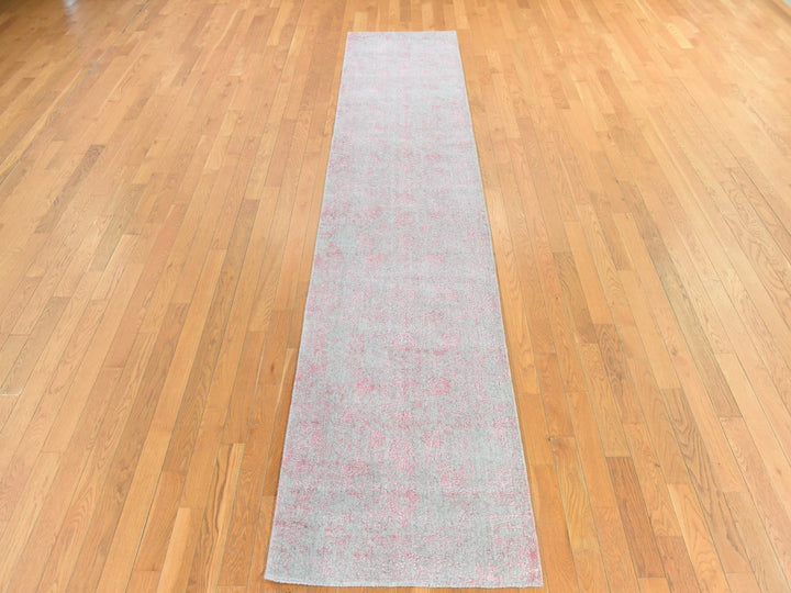 2'6" x 11'10" New Hand Loomed Pink Wool & Silk Runner Oriental Rug - MOA10278750