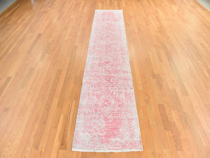 2'8" x 11'10" New Hand Knotted Pink Wool & Silk Runner Oriental Rug - MOA10278753