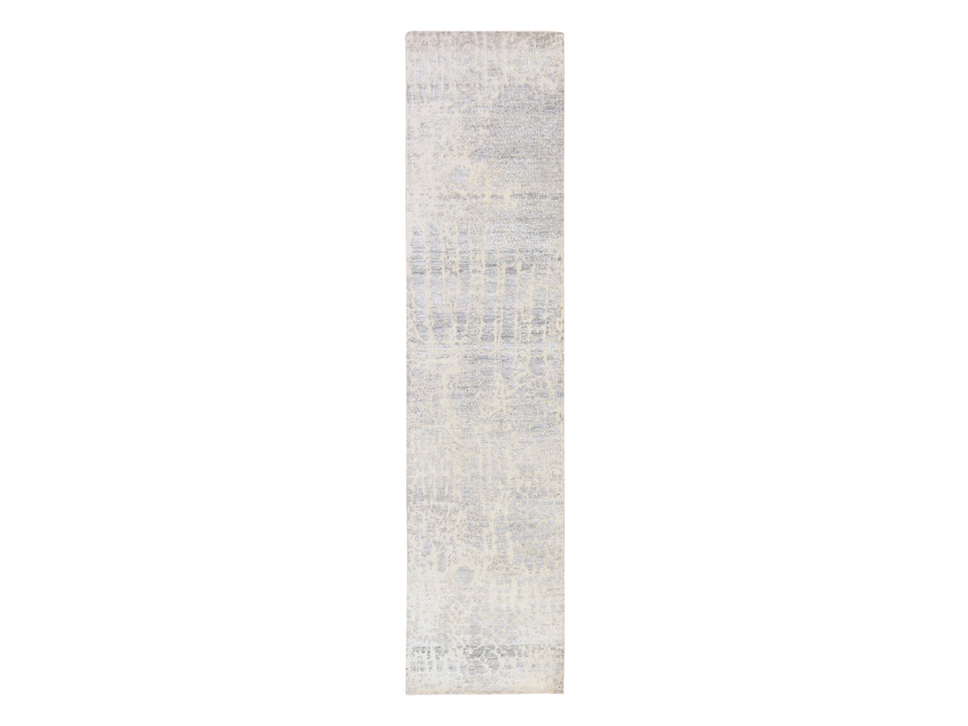 2'5" x 10'1" New Hand Knotted Grey Wool & Silk Runner Oriental Rug - MOA10278755
