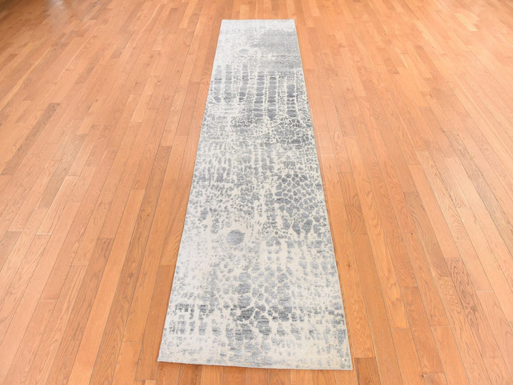 2'5" x 10'1" New Hand Knotted Grey Wool & Silk Runner Oriental Rug - MOA10278755