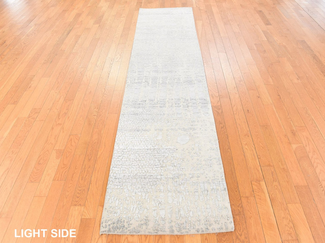 2'5" x 10'1" New Hand Knotted Grey Wool & Silk Runner Oriental Rug - MOA10278755