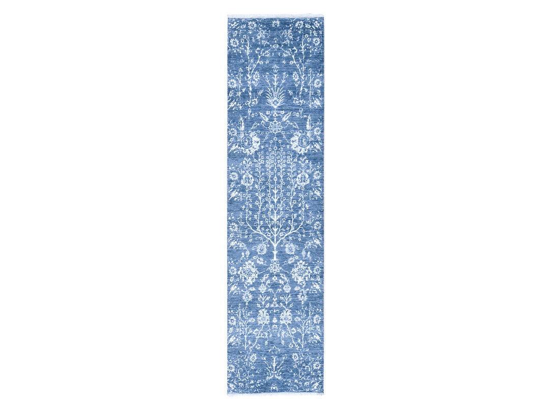 2'6" x 10'2" New Hand Knotted Blue Wool & Silk Runner Oriental Rug - MOA10278756