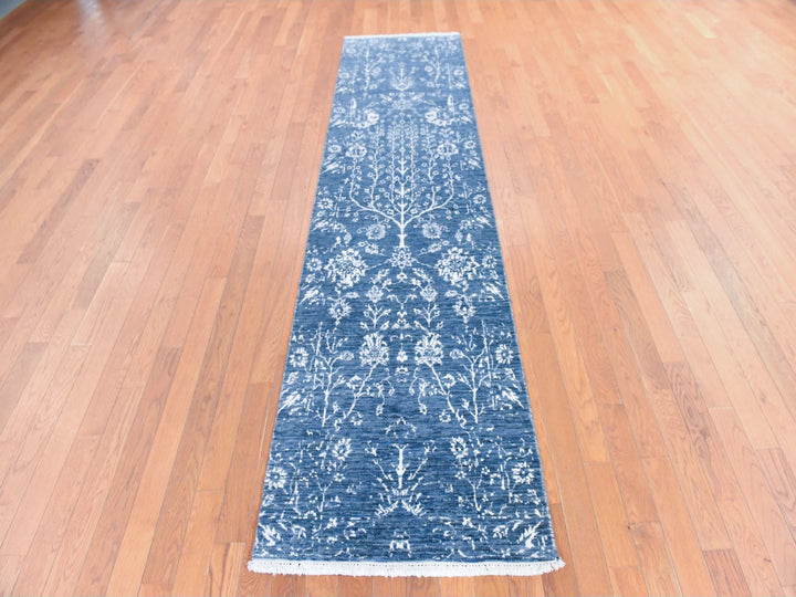 2'6" x 10'2" New Hand Knotted Blue Wool & Silk Runner Oriental Rug - MOA10278756