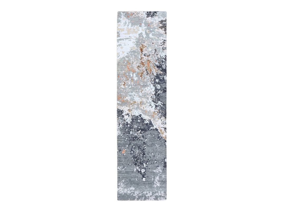 2'6" x 10'0" New Hand Knotted Grey Wool & Silk Runner Oriental Rug - MOA10278757