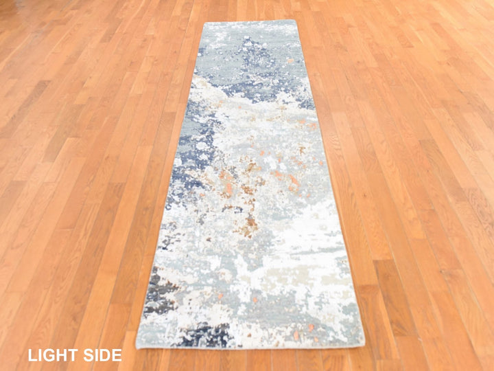 2'6" x 10'0" New Hand Knotted Grey Wool & Silk Runner Oriental Rug - MOA10278757
