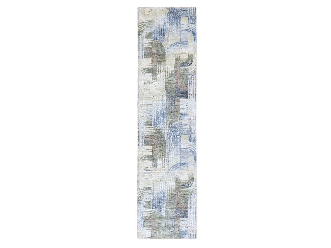 2'7" x 10'4" New Hand Knotted Ivory Wool & Silk Runner Oriental Rug - MOA10278760