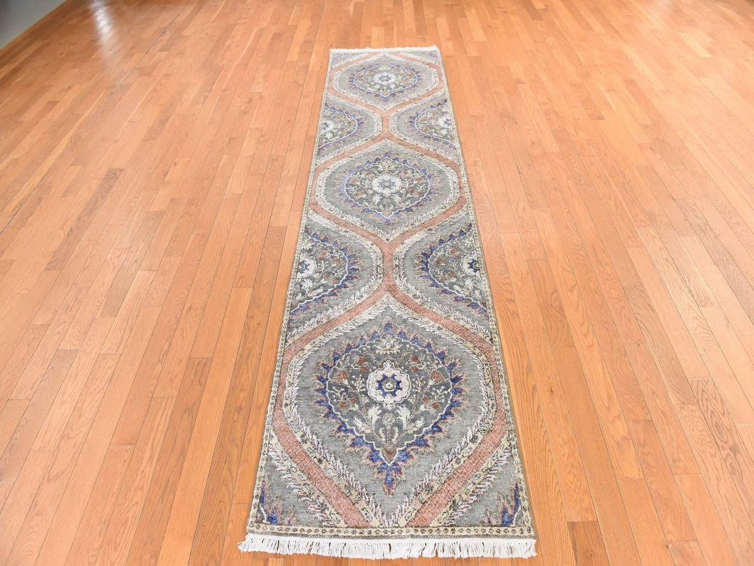 2'6" x 10'0" New Hand Knotted Grey Wool & Silk Runner Oriental Rug - MOA10278762