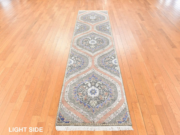 2'6" x 10'0" New Hand Knotted Grey Wool & Silk Runner Oriental Rug - MOA10278762