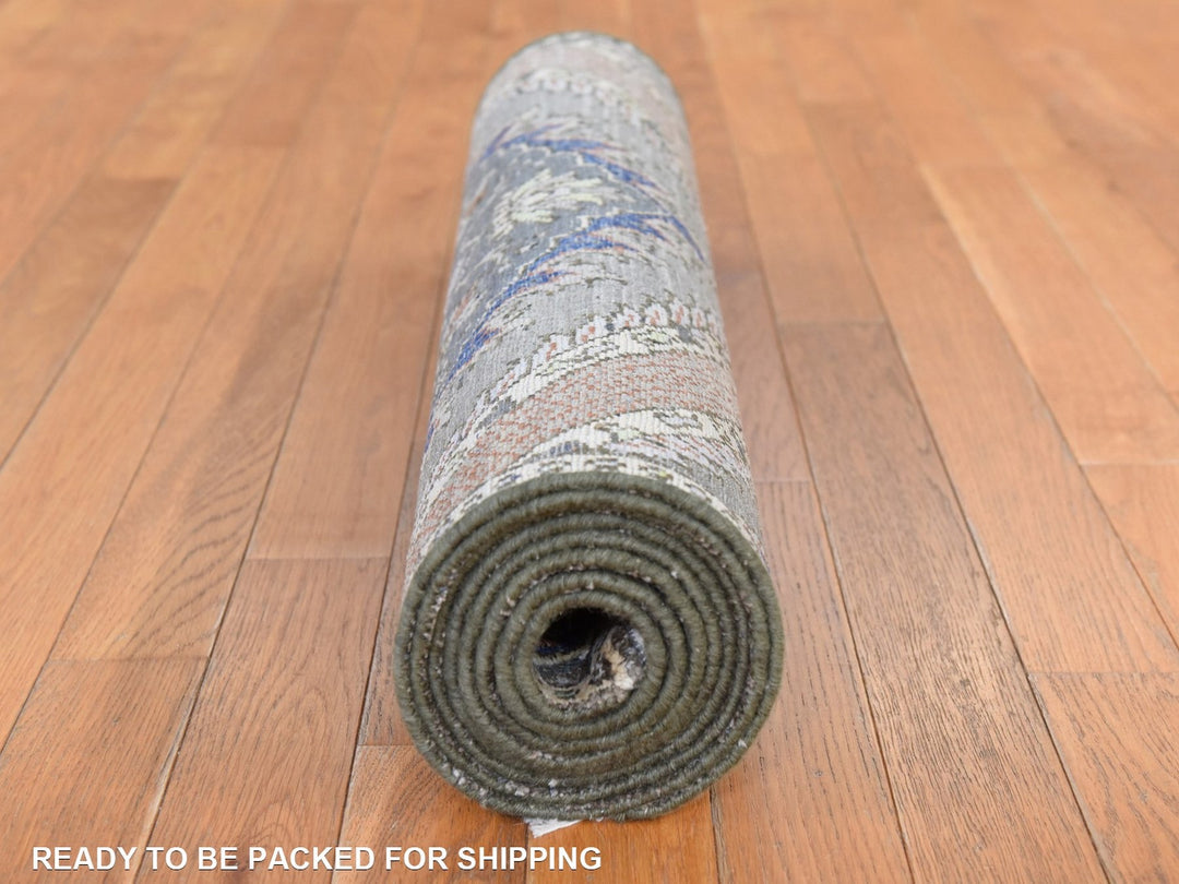 2'6" x 10'0" New Hand Knotted Grey Wool & Silk Runner Oriental Rug - MOA10278762