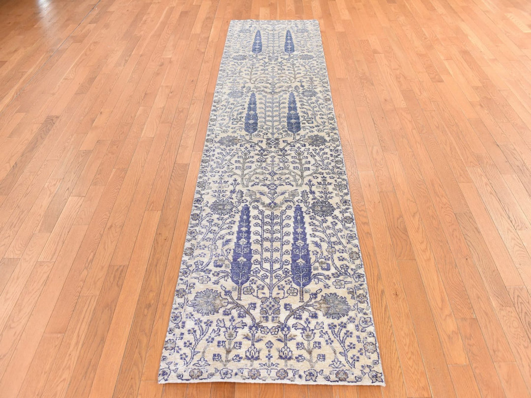 2'7" x 10'1" New Hand Knotted Ivory Wool & Silk Runner Oriental Rug - MOA10278763