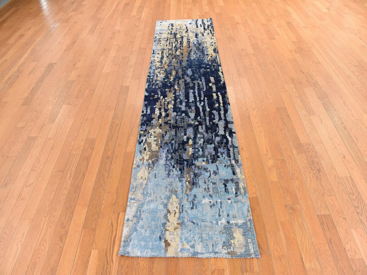 2'6" x 9'10" New Hand Knotted Blue Wool & Silk Runner Oriental Rug - MOA10278764