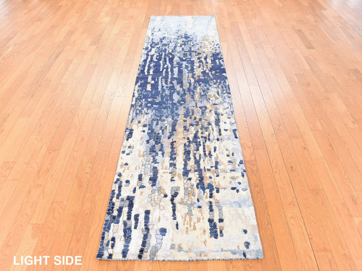 2'6" x 9'10" New Hand Knotted Blue Wool & Silk Runner Oriental Rug - MOA10278764