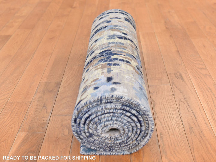 2'6" x 9'10" New Hand Knotted Blue Wool & Silk Runner Oriental Rug - MOA10278764
