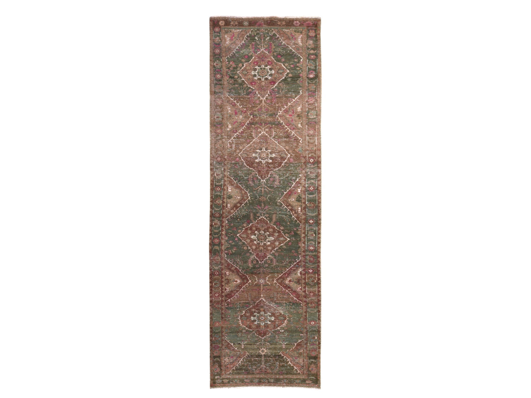 3'7" x 12'3" Vintage Hand Knotted Green Wool Runner Oriental Rug - MOA10278773